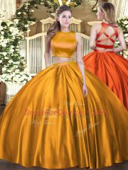 Shining Orange Ball Gown Prom Dress Military Ball and Sweet 16 and Quinceanera with Ruching High-neck Sleeveless Criss Cross