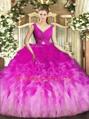 Fuchsia Ball Gowns V-neck Sleeveless Tulle Floor Length Backless Beading and Ruffles Sweet 16 Quinceanera Dress