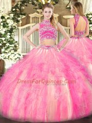 Watermelon Red and Rose Pink Two Pieces Beading and Ruffles 15 Quinceanera Dress Backless Tulle Sleeveless Floor Length