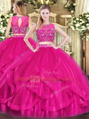 Perfect Hot Pink Sleeveless Beading and Ruffles Floor Length 15th Birthday Dress