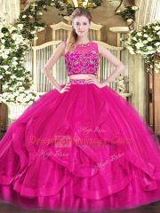 Perfect Hot Pink Sleeveless Beading and Ruffles Floor Length 15th Birthday Dress