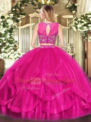 Perfect Hot Pink Sleeveless Beading and Ruffles Floor Length 15th Birthday Dress
