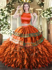 Luxurious Rust Red Two Pieces Ruffles and Sequins Quinceanera Dress Criss Cross Tulle Sleeveless Floor Length