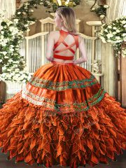 Luxurious Rust Red Two Pieces Ruffles and Sequins Quinceanera Dress Criss Cross Tulle Sleeveless Floor Length