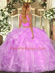 Great Lilac Halter Top Backless Beading and Ruffles Sweet 16 Dress Sleeveless