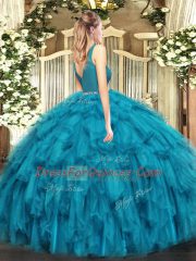 Designer Fuchsia Two Pieces Tulle V-neck Sleeveless Beading and Ruffles Floor Length Zipper Quinceanera Dresses