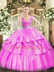 Fuchsia Zipper V-neck Beading and Ruffled Layers Vestidos de Quinceanera Tulle Sleeveless