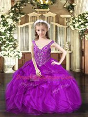 Purple Ball Gowns Beading and Ruffles Kids Formal Wear Lace Up Organza Sleeveless Floor Length