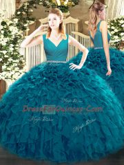 Teal Tulle Zipper V-neck Sleeveless Floor Length Ball Gown Prom Dress Beading and Ruffles