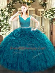 Teal Tulle Zipper V-neck Sleeveless Floor Length Ball Gown Prom Dress Beading and Ruffles