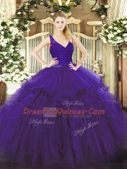 Floor Length Zipper Quinceanera Dresses Purple for Sweet 16 and Quinceanera with Beading and Ruffles