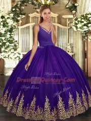 Fantastic Purple Ball Gowns Tulle V-neck Sleeveless Appliques Floor Length Backless Quinceanera Dresses