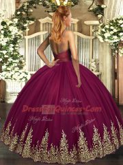 Fantastic Purple Ball Gowns Tulle V-neck Sleeveless Appliques Floor Length Backless Quinceanera Dresses