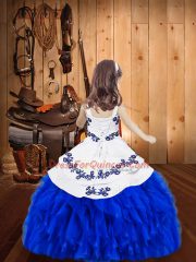 Modern Aqua Blue Straps Neckline Embroidery and Ruffles Pageant Dresses Sleeveless Lace Up