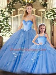Organza Sweetheart Sleeveless Lace Up Beading and Ruffles Quinceanera Dress in Baby Blue
