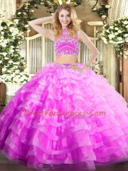 Attractive High-neck Sleeveless Tulle Sweet 16 Dress Beading and Ruffled Layers Backless