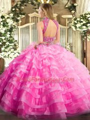 Attractive High-neck Sleeveless Tulle Sweet 16 Dress Beading and Ruffled Layers Backless