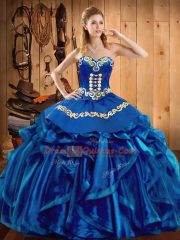 Blue Sweetheart Lace Up Embroidery and Ruffles Sweet 16 Dresses Sleeveless