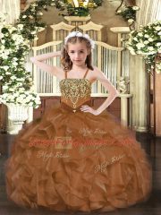 Floor Length Brown Girls Pageant Dresses Straps Sleeveless Lace Up