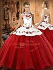 Ball Gowns Sweet 16 Dresses Wine Red Halter Top Satin and Tulle Sleeveless Floor Length Lace Up