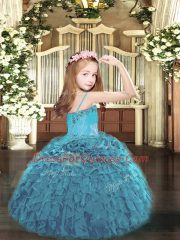 New Arrival Olive Green Lace Up Spaghetti Straps Beading and Ruffles Little Girl Pageant Dress Organza Sleeveless