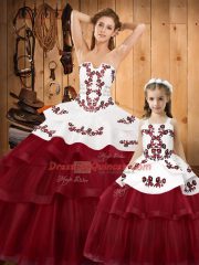 Super Organza Strapless Sleeveless Sweep Train Lace Up Embroidery Quinceanera Gown in Wine Red