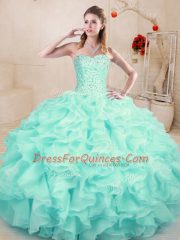 Elegant Aqua Blue Lace Up Sweet 16 Dress Beading and Ruffles Sleeveless Floor Length