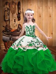 Organza Straps Sleeveless Lace Up Embroidery and Ruffles Little Girl Pageant Dress in Green