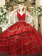 Stylish Organza Sleeveless Floor Length Quince Ball Gowns and Embroidery and Ruffled Layers