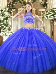 Sweet Blue Tulle Backless Quinceanera Dress Sleeveless Floor Length Beading
