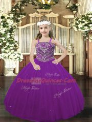 Purple Ball Gowns Beading Child Pageant Dress Lace Up Tulle Sleeveless Floor Length