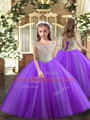 Purple Ball Gowns Tulle Off The Shoulder Sleeveless Beading Floor Length Lace Up Kids Formal Wear
