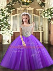 Purple Ball Gowns Tulle Off The Shoulder Sleeveless Beading Floor Length Lace Up Kids Formal Wear