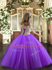 Purple Ball Gowns Tulle Off The Shoulder Sleeveless Beading Floor Length Lace Up Kids Formal Wear