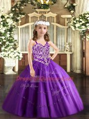 Floor Length Lace Up Child Pageant Dress Purple for Party and Quinceanera with Beading and Appliques