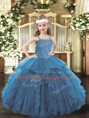 High Class Teal Tulle Lace Up Girls Pageant Dresses Sleeveless Floor Length Beading and Ruffles
