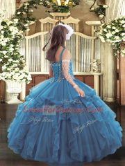 High Class Teal Tulle Lace Up Girls Pageant Dresses Sleeveless Floor Length Beading and Ruffles