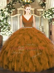Brown Zipper V-neck Beading and Ruffles 15 Quinceanera Dress Tulle Sleeveless
