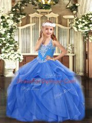Beading and Ruffles Little Girls Pageant Gowns Blue Lace Up Sleeveless Floor Length