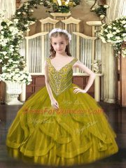 Affordable Olive Green Ball Gowns Tulle V-neck Sleeveless Beading and Ruffles Floor Length Lace Up Custom Made Pageant Dress