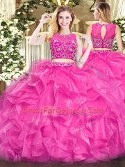 Hot Pink Zipper Vestidos de Quinceanera Beading and Ruffles Sleeveless Floor Length