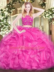 Hot Pink Zipper Vestidos de Quinceanera Beading and Ruffles Sleeveless Floor Length
