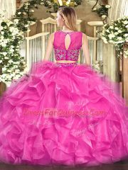 Hot Pink Zipper Vestidos de Quinceanera Beading and Ruffles Sleeveless Floor Length