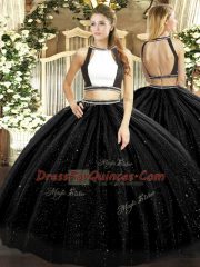 Ideal Floor Length Black Sweet 16 Dress Halter Top Sleeveless Backless