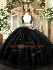 Ideal Floor Length Black Sweet 16 Dress Halter Top Sleeveless Backless