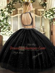Ideal Floor Length Black Sweet 16 Dress Halter Top Sleeveless Backless