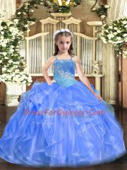 Straps Sleeveless Little Girls Pageant Dress Floor Length Ruffles and Sequins Blue Organza and Sequined