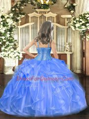 Straps Sleeveless Little Girls Pageant Dress Floor Length Ruffles and Sequins Blue Organza and Sequined