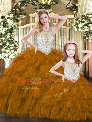 Brown Sweet 16 Dress Military Ball and Sweet 16 and Quinceanera with Beading and Ruffles Scoop Sleeveless Lace Up