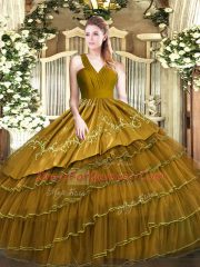V-neck Sleeveless Satin and Organza 15th Birthday Dress Embroidery and Ruffled Layers Zipper